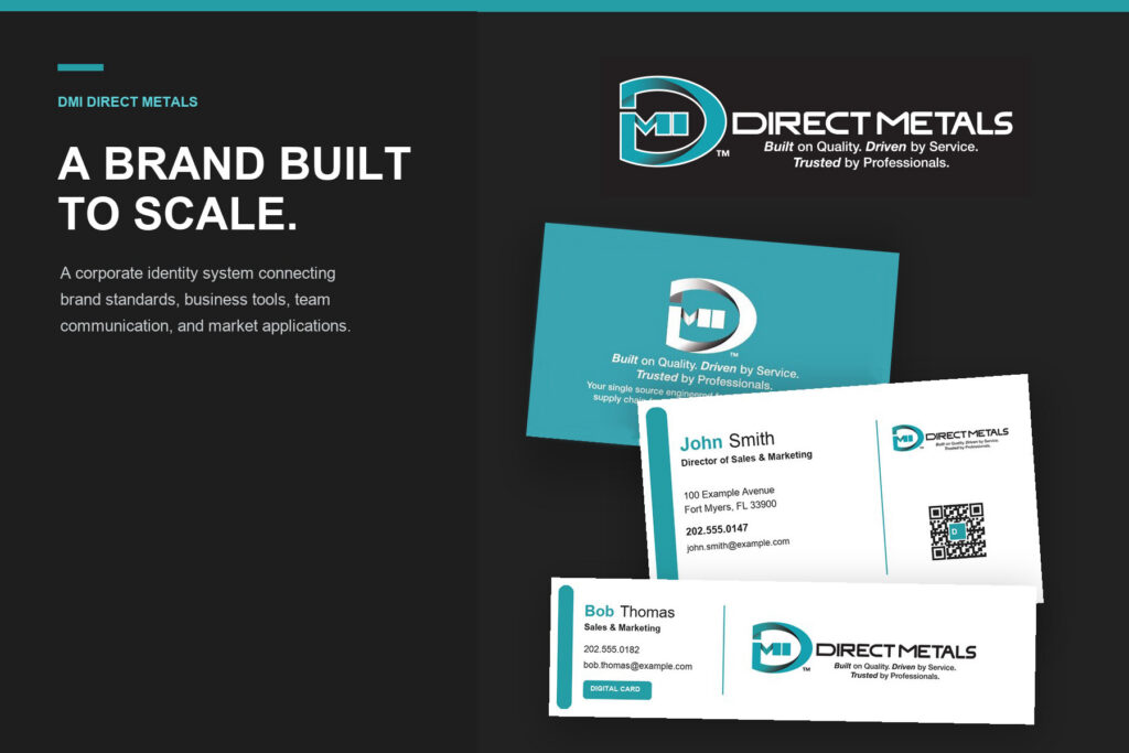 DMI Direct Metals corporate identity system across brand and team communication materials