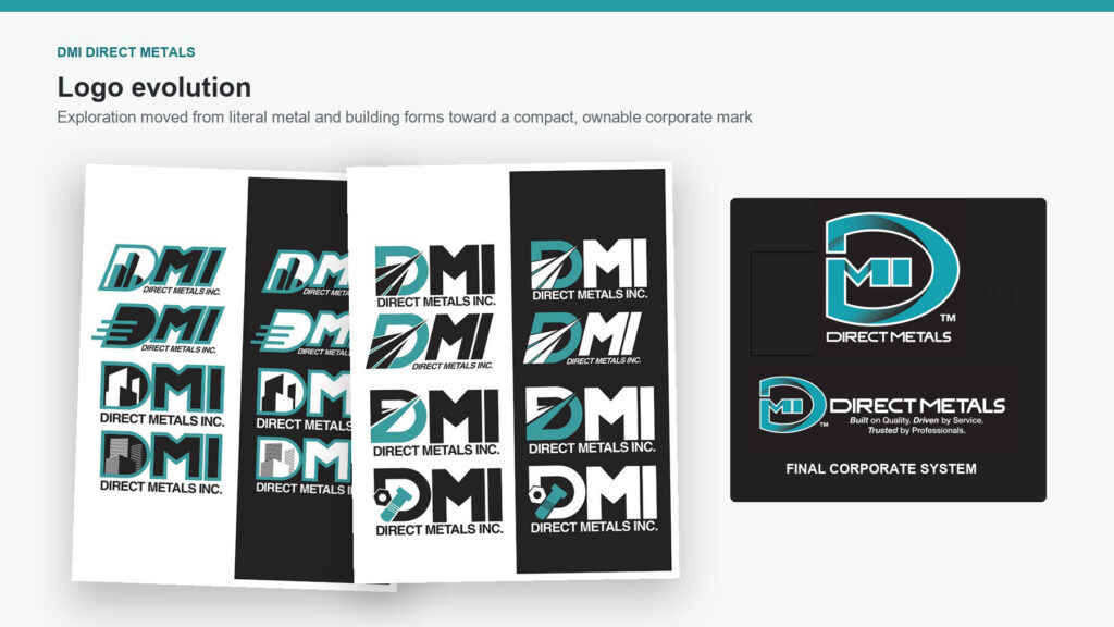 DMI Direct Metals logo evolution showing early concepts and the finished corporate mark