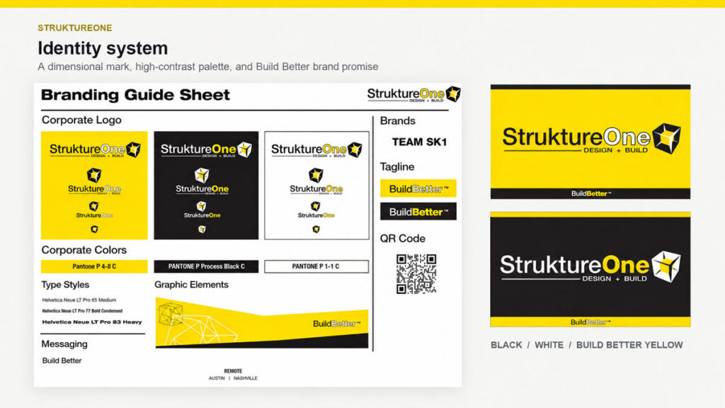 StruktureOne identity guide showing logo variations, colors, typography, and graphic elements