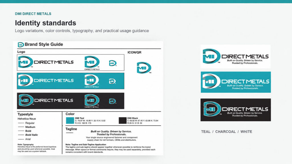 DMI Direct Metals identity standards covering logos, colors, typography, and tagline use