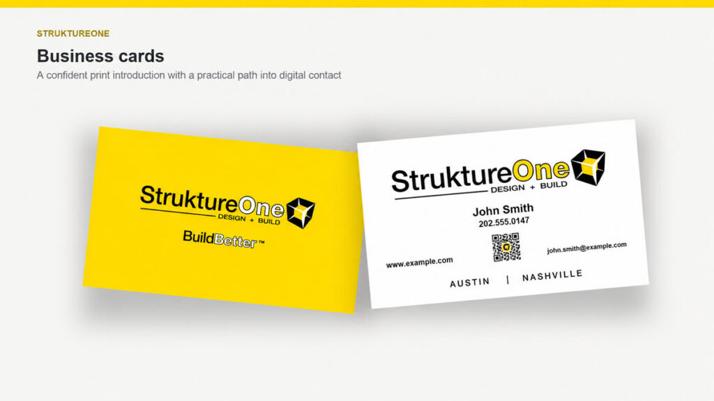 StruktureOne business cards using the black, white, and yellow identity