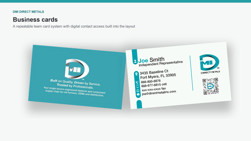 DMI Direct Metals business card system with employee details and branded QR access
