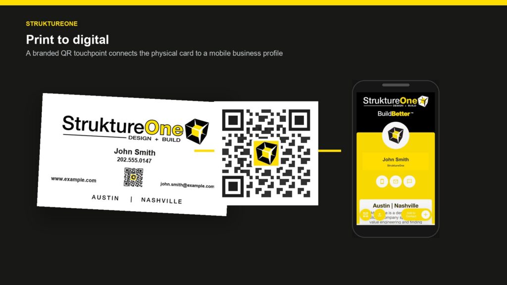 StruktureOne branded QR code connecting printed materials to a digital contact experience