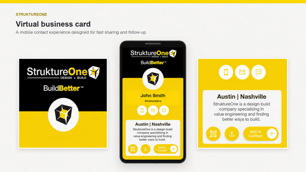 StruktureOne mobile virtual business card with contact and sharing tools