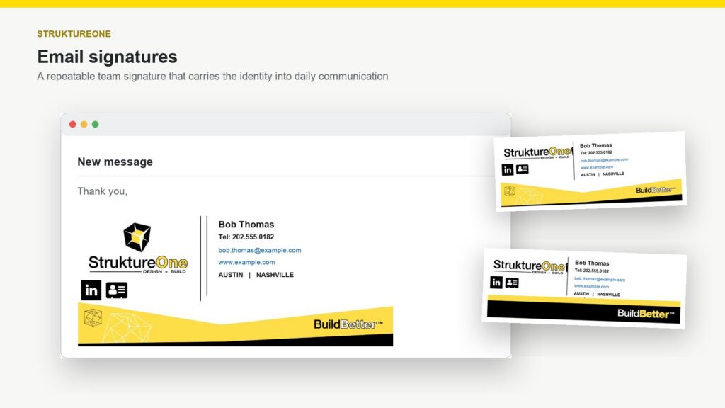 StruktureOne coordinated email signature system for multiple team members