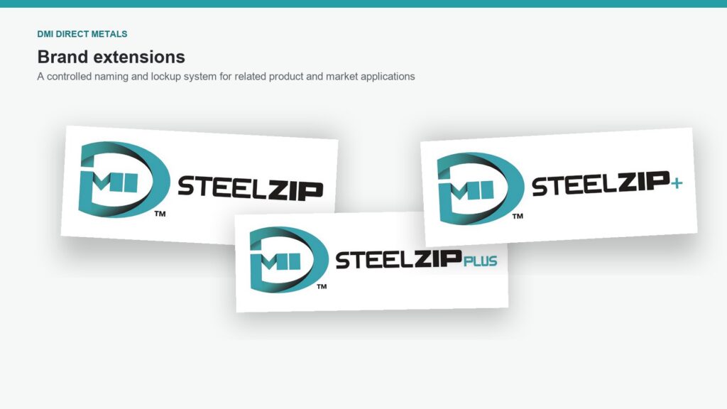 DMI Direct Metals SteelZip brand-extension concepts using the corporate identity system