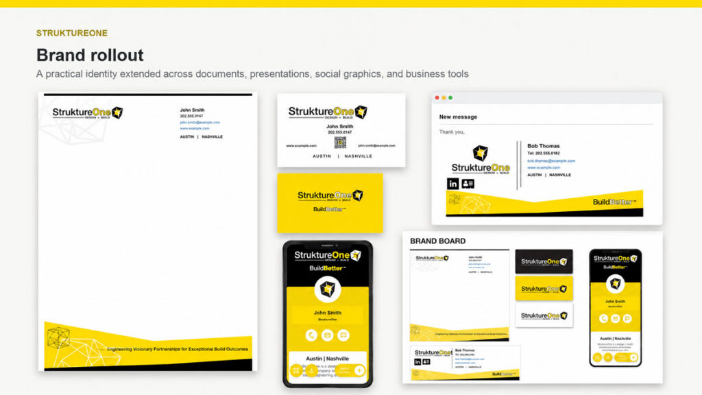 StruktureOne brand rollout across presentations, documents, social graphics, and business materials