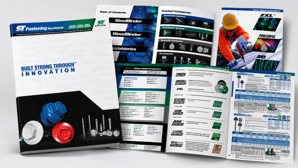 ST Fastening Systems product catalog showing fastener families and technical product information