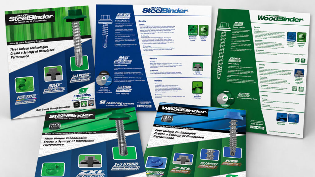 ST Fastening Systems product sell sheets with imagery, benefits, and technical specifications