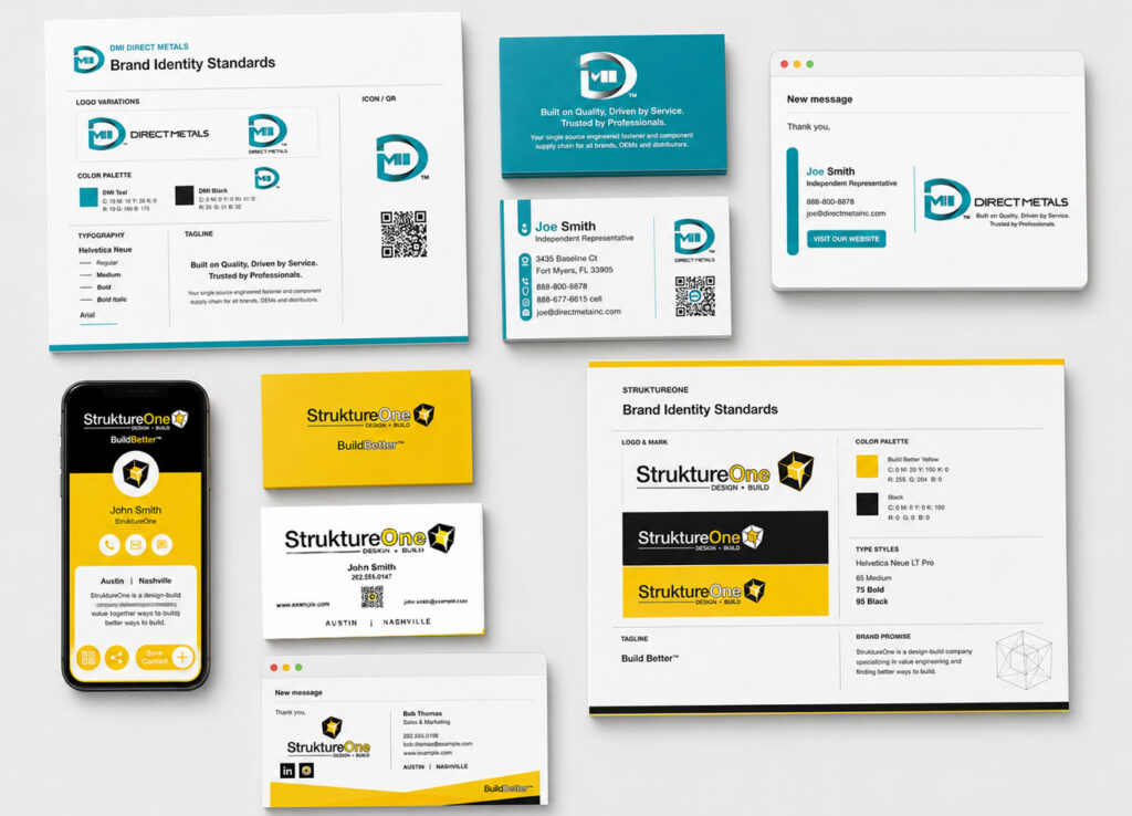 Brand identity systems for DMI Direct Metals and StruktureOne, including logo standards, color palettes, typography, business cards, and email signatures