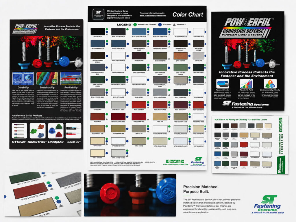 ST Fastening Systems color chart combining finish samples with corrosion-defense information