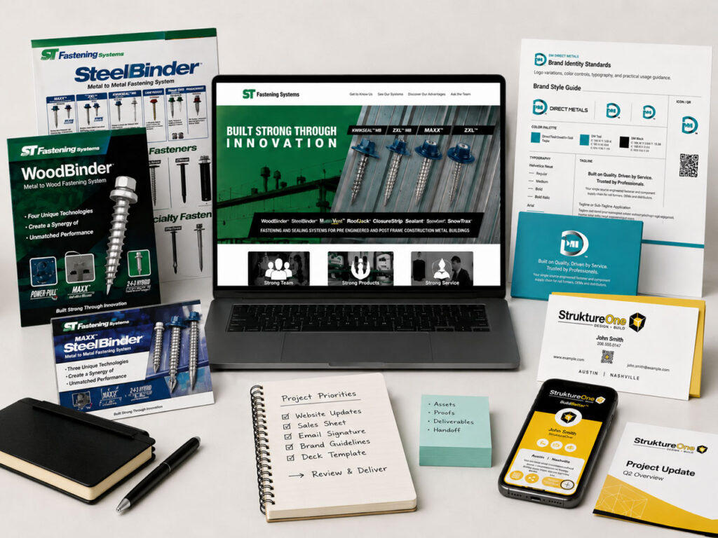 Contract design support workspace featuring the ST Fastening Systems website and sales collateral, DMI brand standards, and StruktureOne marketing materials