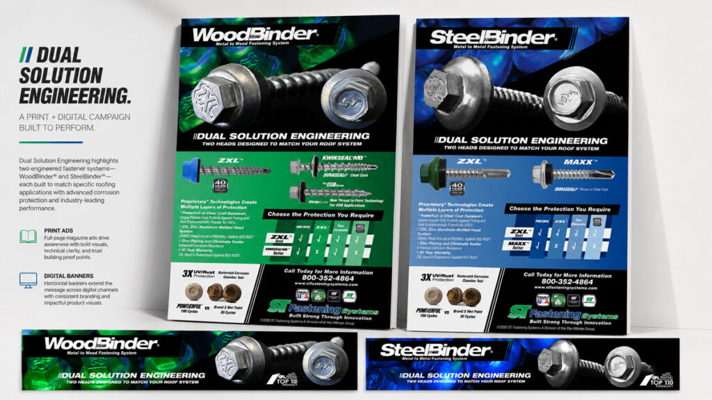 Dual Solution Engineering advertisement comparing ST Fastening Systems product applications