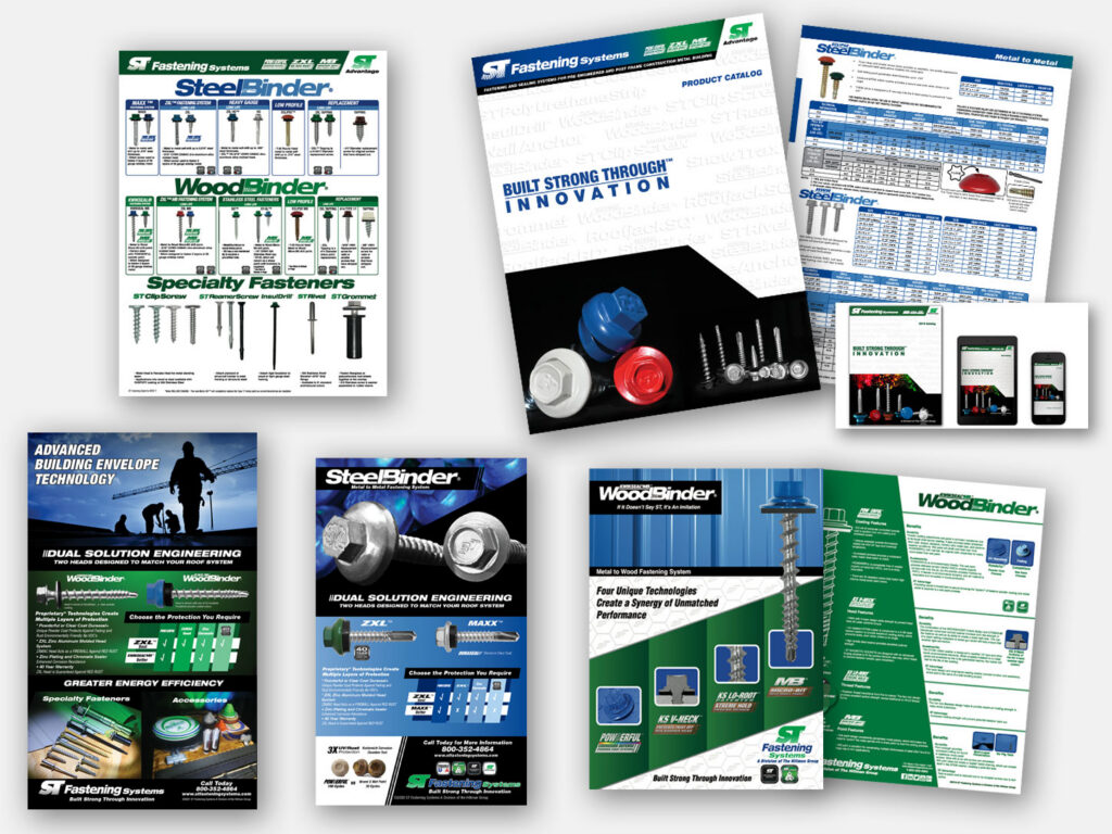ST Fastening Systems sales and marketing collateral, including catalogs, product guides, sell sheets, advertisements, and responsive web graphics