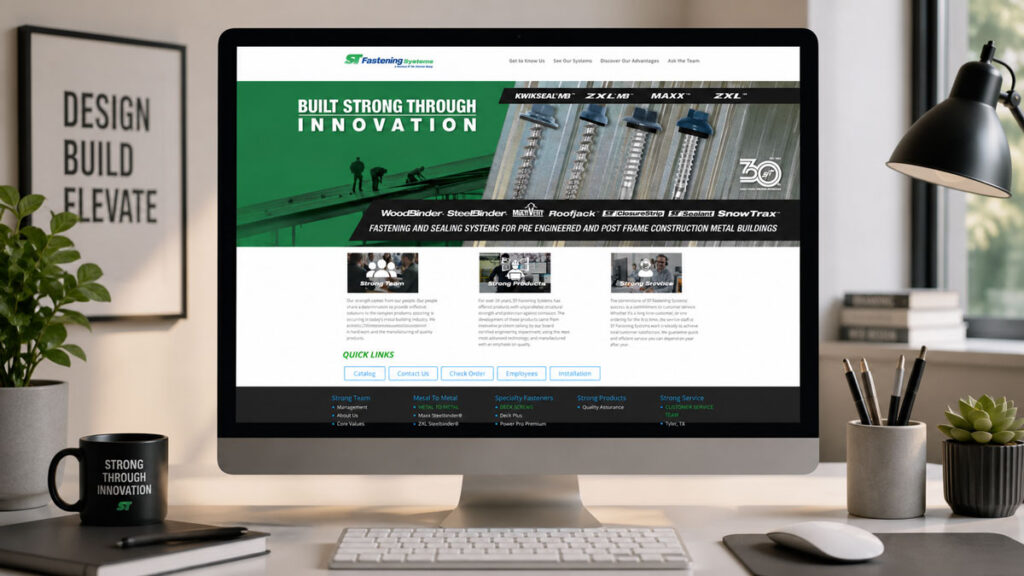ST Fastening Systems website featuring product families, campaigns, and downloadable literature