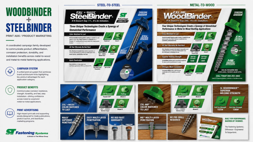 SteelBinder and WoodBinder advertising campaign comparing steel-to-steel and metal-to-wood fasteners