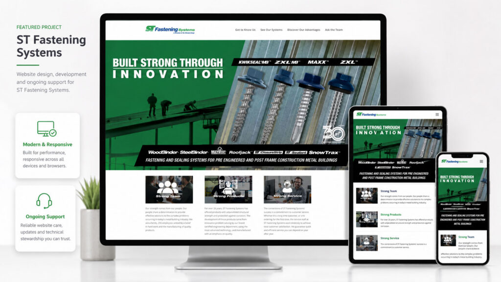 ST Fastening Systems WordPress website displayed on desktop, tablet, and mobile devices, highlighting responsive design and ongoing support